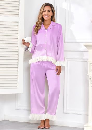 Image of Brosloth Womens Silk Pajamas Set Long Sleeve Satin Button Up Sleepwear | Cute Soft Fall Pjs Sets, Lace 2 Piece Lounge Set, Elegant Bridesmaid Pajama, Skin Friendly Sleepwear for Wedding, Honeymoon