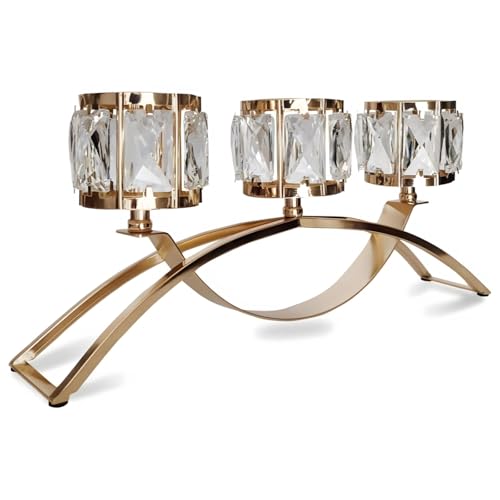 Portavelas dorado de cristal, 16 x 7 pulgadas, centros de mesa con tres brazos y decoración de cristal para decoración del hogar, eventos especiales y bodas