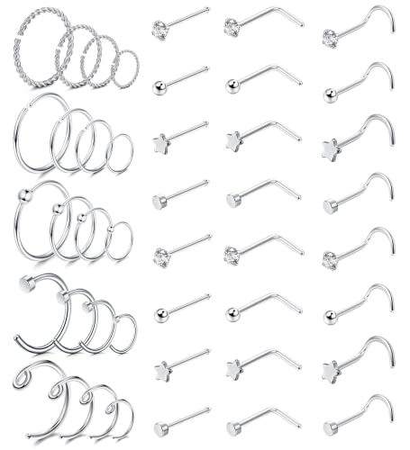 Dochais 44 Pièces Set Piercing Nez en Acier Inoxydable, Piercing Nez en L, Piercing Nez Spirale, Hypoallergéniques Piercing Nez Goujon pour Femmes Hommes 20G