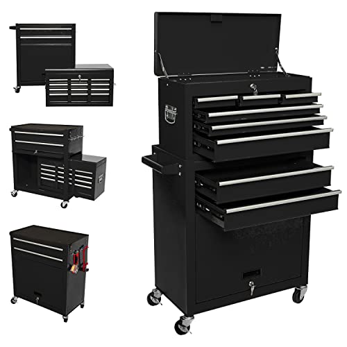 8-Drawer High Capacity Tool Chest with 4 Wheels,Lockable Rolling Tool Box and Tool Storage Cabinet,Removable Portable Set-Top Box Tool Organizer with Drawer for Garage Factory Workshop (BLACK)+1