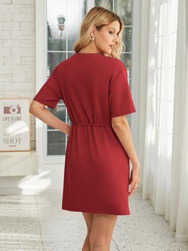 Image of Kikibell Womens Summer Dresses Crewneck Sweatshirt Mini Dress with Pockets Drawstring Waist Short Sleeve Casual Outfits