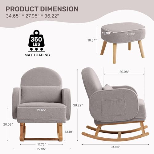 Image of HCHAIRH Nursery Rocking Chair with Ottoman, Upholstered Glider Rocker with High Backrest and Side Pocket, Rocking Accent Armchair with Solid Wood Legs for Nursery, Living Room, Bedroom Light Grey