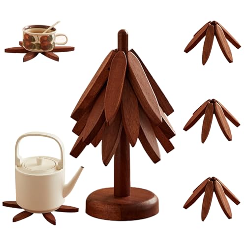 Wooden Trivets for Hot Dishes, Wooden Tree Coasters Tree Shape Trivet Set for Hot Pots and Pans, Foldable Kitchen Walnut Table Mat for Easy Storage, Coaster with 3 Wooden Trivets,1 Stand