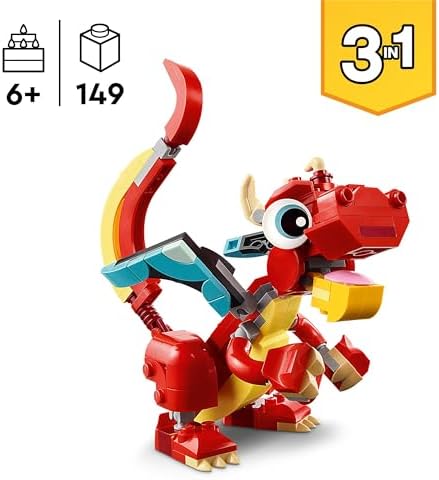 LEGO Creator 3w1 Czerwony smok, zabawka ze smokiem do przebudowania na rybę i feniksa, zestaw figurek zwierząt, prezent dla dzieci w wieku od 6 lat, chłopców i dziewczynek, 31145