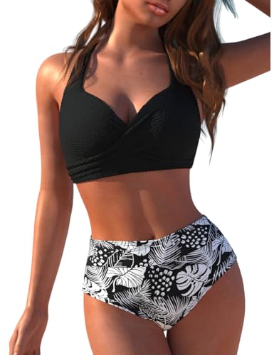 Image of KORADI Girls High Waisted Bikini Sets Teen Two Piece Halter Swimsuits Cross Front Bathing Suit 13-16 Years