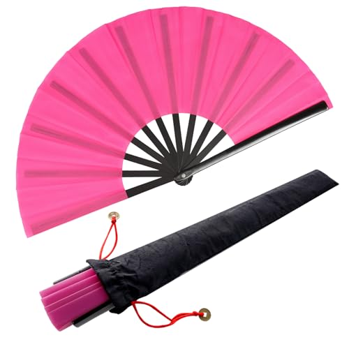 2 Pezzi Grande Seta Mano Scomparti Cinese Tai Chi Ventaglio Nylon Panno Kung Fu Fan Supporto Manica per Performance Danza Decorazioni Festival (Rosa)