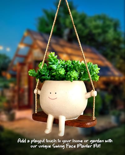 Image of Wonder Waves Cute Ceramic Smiling Face Swing Hanging Planter Pot for Home Garden Balcony and Office Indoor Outdoor Plants