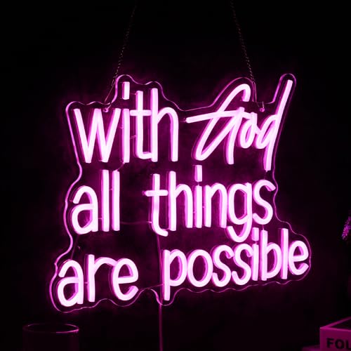 Image of With God All Things Are Possible Neon Sign Beautiful Pink God Led Lights for Wall Decor Dimmable USB Powered Light up Sign 16.9 * 13 Inch Neon Light for Room Party Wedding Church Decor