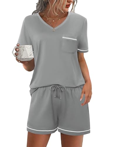Litherday Damen Schlafanzug Kurz Baumwolle Pyjama Set Kurzarm Nachtwäsche T-Shirt Shorty Schlafanzughose Zweiteiliger Einfarbig Loungewear Hellgrau XXL