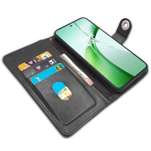 Image of Pikkme OnePlus Nord CE 4 5G Flip Cover Leather Finish | Inside TPU with Card Pockets | Wallet Stand and Shock Proof | Complete Protection Button Flip Case (Black)