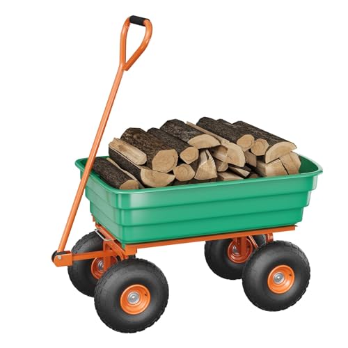 Carrito Volteo de Jardín Heavy-Duty de 4 pies cúbicos con Mango Giratorio 180° - Capacidad 600LB Todo Terreno para Jardín, Granja y Uso Exterior, Verde y Naranja