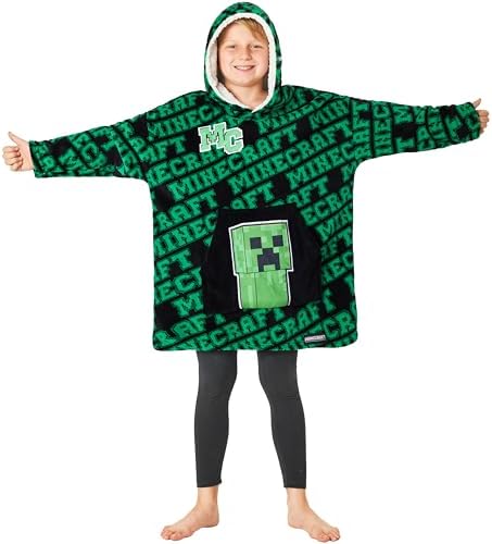 Minecraft Hoodie Blanket Boys Teens, Creeper Wearable Blanket Hooded Loungewear, Oversized Fleece Poncho, Gamer Gifts for Boys