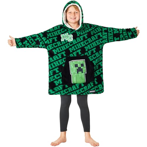Minecraft Hoodie Blanket Boys Teens, Creeper Wearable Blanket Hooded Loungewear, Oversized Fleece Poncho, Gamer Gifts for Boys (Green/Black)