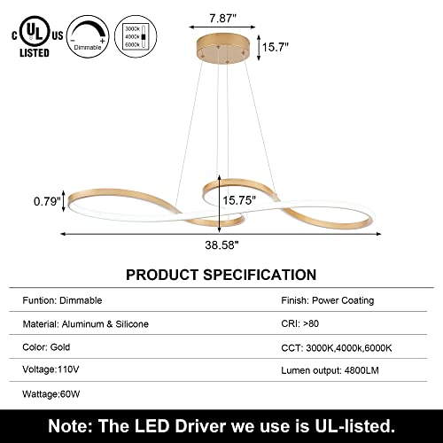 Sunmoo Modern Led Chandelier Dining Room Modern Pendant Light Dimmable Creative Contemporary Chandelier Adjustable Hanging Lighting Fixture For Living Room Kitchen Island 3000K/4000K/6000K (Gold) #TOP4