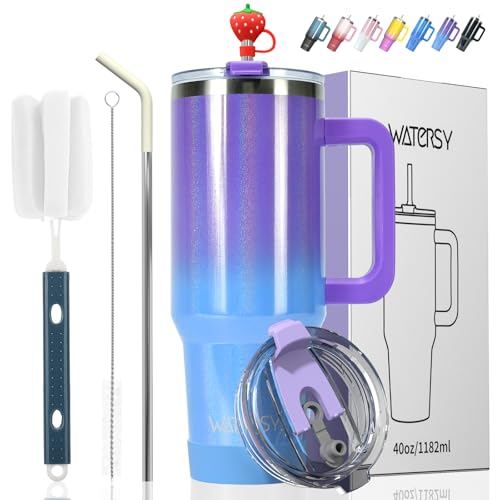 40 oz Shiny Tumbler with Handle and Straw,Stainless Steel Tumbler with Lid and Straw,Insulated Travel Mug(Cold for 34 Hours),Water Bottle for Iced Tea,Coffee (Purple)
