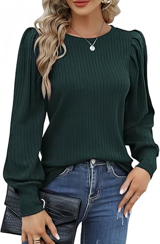 Hotouch Bluse Damen Elegant Rundhals Oberteil mit Puffärmel Dünne Pullover Frühling Herbst Einfarbig Schlupfbluse Casual Tunika Tops Langarm S-XXL
