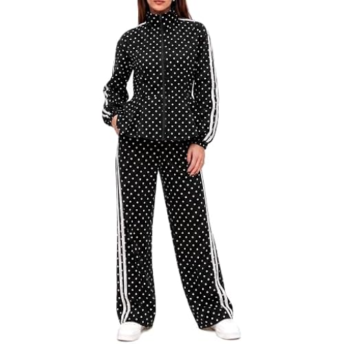 Fisoew Women 2 Piece Outfits Polka Dot Ruffle Zip Up Jacket Matching Sets
