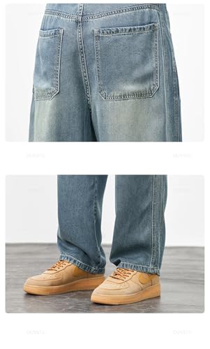 Men Spring Autumn Cosy Soft Fabric Jeans Loose Wide Leg Pants Elastic Waist Trousers Retro Blue 314