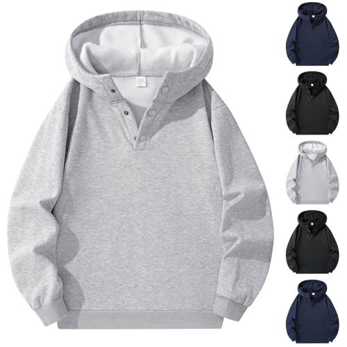 Mens Pullover Hoodie Sweatshirt Long Sleeve Solid Color Snap Button Fleece Fashion Casual Hooded Sweatshirt Streetwear