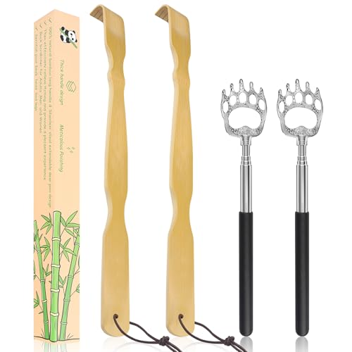 4Pcs Back Scratcher Set Bamboo & Extendable Stainless Steel