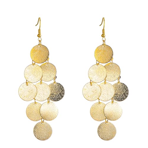 MALOYANVE Multilayer Disc Earrings for Women Fashion Long Gold Silver Plated Brushed Textured Pattern Multiple Round Circle Dangle Drop Geometric Statement Tassel Earrings Boho Jewelry