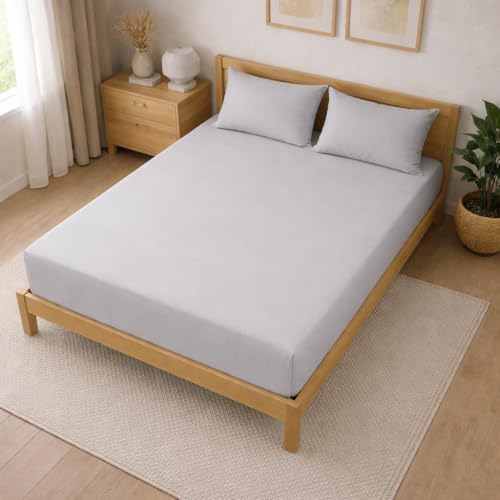 Image of THE HOME STYLE Solid Plain Cotton Feel Fitted Bedsheet (72x78 inches) with Reversible Comforter (90x100 inches) | King Size | 2 Pillow Covers | 300 TC | 4-Piece Bedding Set (Pearl Grey)