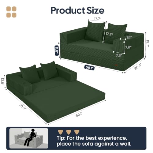 Image of COMAX Futon Sofa Bed, Convertible Sofa Bed, Folding Boneless Couches | Boneless Couch for living room, 4‑in‑1 Fold Out Small Foldable Loveseat Floor Sleeper Mattress Lounge Space‑Saving, Green
