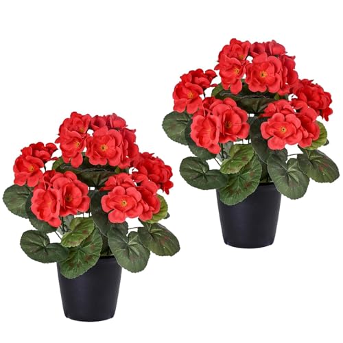 RXMORI Paquete de 2 Flores Artificiales de Geranio, Flores de Seda con Maceta, Flores de Geranio Artificiales en Maceta para Jardín, Decoración del Hogar, Cocina, Centros de Mesa