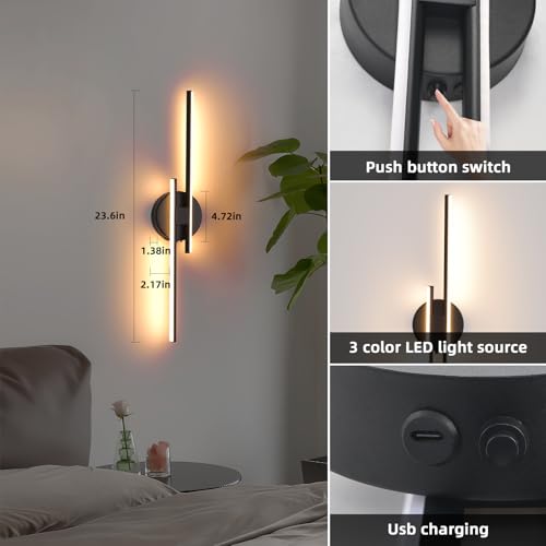 Image of Rechargeable Battery Operated Wall Sconce Set Of Two, Black Wireless LED Wall Sconces With Remote Control, Dimmable 3 Colors Cordless wall lights for Living Room, bedroom, Hallway, 23.6 Inch ( 2pcs)