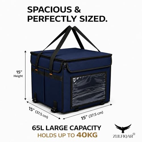 Image of ZULFIQAR Insulated Delivery Bag for Bike, Thermal Food & Grocery Delivery Bag, Waterproof Heavy-Duty Carrier, 15x15x15 Inch (Large 65L - Black) (Blue, Large)