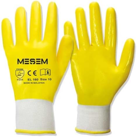 Meşem EL160 Sarı Nitril İş Eldiveni, Tam Kaplama, Beyaz Örgü Bileklik, Beden 10