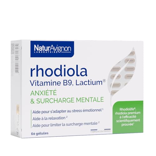 NaturAvignon Rhodiola Vitamina B9, Lactium| Suplemento dietético anti estrés adulto, sobrecarga mental, ansiedad I vitamina b 9 I Lactium I30 días | 60 cápsulas duras