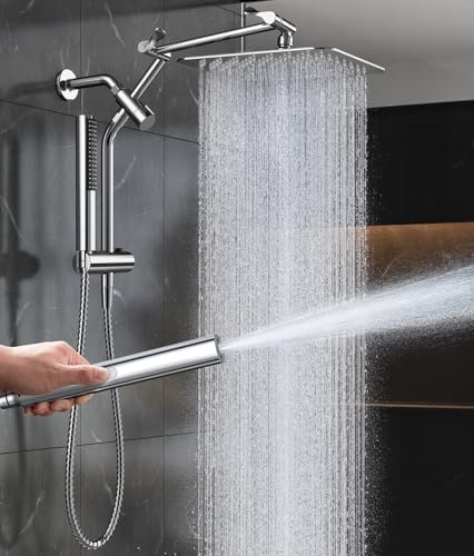 Veken All Metal 10' Shower Head with Handheld, Luxurious Square Double Rain Shower Heads,Power Wash Wand,Dual High Pressure Detachable Rainfall Showerhead with Spray Combo,Extension Arm,Chrome,Sliver