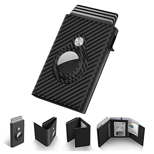 Mens Smart Wallet Card Holder for AirTag: Leather, Compatible with Apple Air Tag, RFID Blocking, Slim, Carbon Fiber, Minimalist - 9-14 Card Capacity | ID Window | Cash Slot (Black)