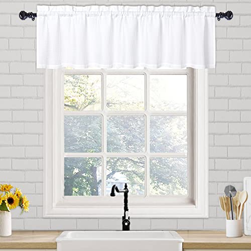 Caromio Kitchen Valance Curtains For Windows, Waffle Weave Waterproof Window Valances For Bathroom, 210Gsm Thicken Fabric Rod Pocket Tailored Short Valance Cafe Curtains (White, 60" X 15", One Panel) #TOP8
