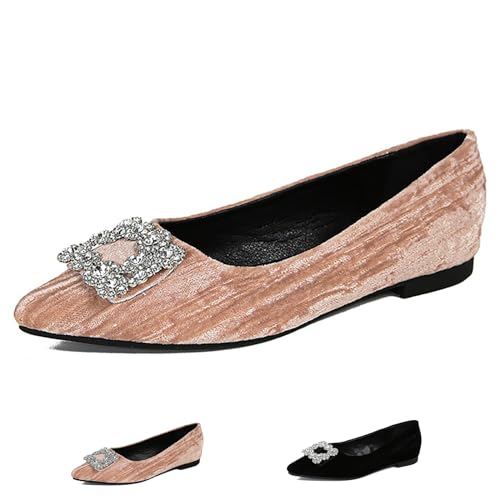 Image of Women's Rhinestones Pointed Top Suede Flats Shoes,Comfort Slip on Flat Loafers Fashion Sparkly Wedding Party Ballerina Dress Shoes