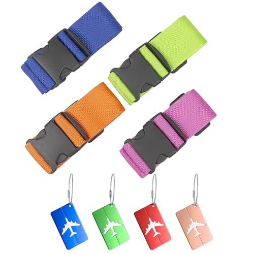 4 Stück Koffergurt & 4 Stück Kofferanhänger, Kofferband Gurt Gepäckband, Auffällig Gepäckgurt Einstellbare Kofferband mit Adressschild für Koffer, Reisezubehör Luggage Strap zum Sicheren Verschließen