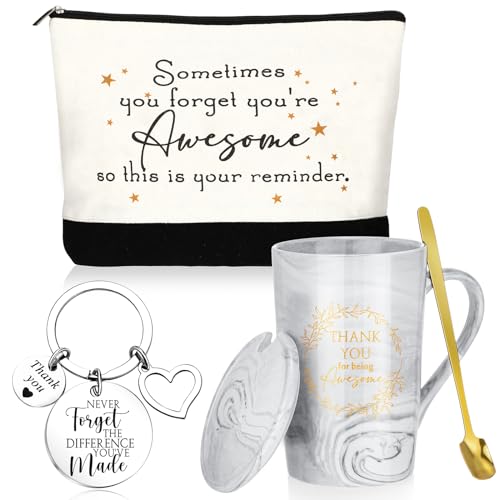 Hoolerry 3 Pcs Appreciation Gifts For Women Thank You Coffee Mug Cups With Lids Spoon Teacher Inspirational Cosmetic Bag Keychain For Christmas