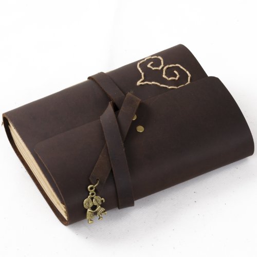 Ancicraft Unique Leather Journal Diary With Lovely Heart And Sweet Kiss Lovers Handmade A5 Blank Craft Paper Brown With Gift Box (A5(5.9X8.3Inch & Blank Craft Paper) #TOP2