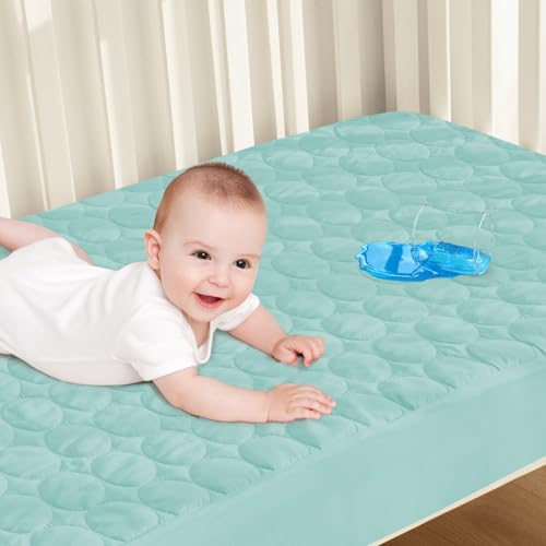 Image of Crib Mattress Protector Waterproof, Soft Breathable Toddler Mattress Pad Cover, Crib Size Fitted Sheets Fit for Baby Toddler Bed Mattress (Standard Size 52” x 28”), Aqua