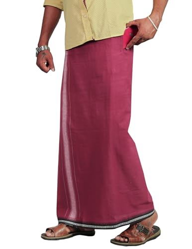 Image of PRAKASAM COTTON Velcro Pocket Dhoti | Thalapathi Border Readymade Cotton Kerala Mundu for Men