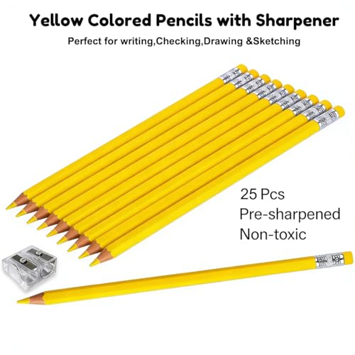 Adhere 25pcs Checking Pencils Erasable colored Pencils Pre-Sharpened #2 HB,for Checking Tests Grading,Map Coloring, editing Office Favors,including a Free sharpener. (Yellow) - Thumbnail 5