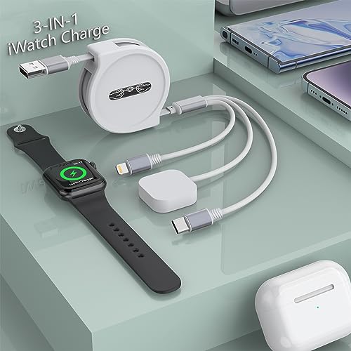 Multi 3-in-1 Retractable Universal Phones Charging Cable+Apple Watch Charger Cord,USB A to Lightning+Type C+iWatch Charger for iWatch Series8 7 6 5 4 3 2 SE/iPhone 14 13 12 Pro/Samsung/iPad and More