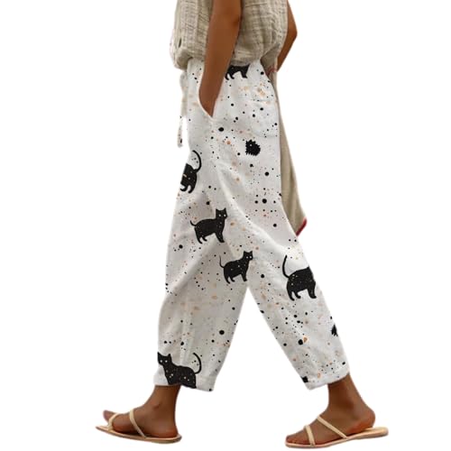 Boho Cotton Linen Pants for Womens Summer Cat Graphic Printed Drawstring High Waisted Capri Pants with Pockets