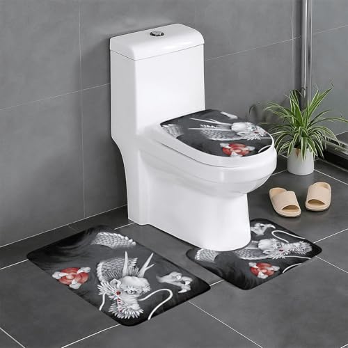 龍 竜 ドラゴン柄 和風 トイレマット 3点セット フタカバー 浴室足ふきマット 吸水 速乾 滑り止め 抗菌 防臭 洗える ふわふわ プレゼント 40x60cm