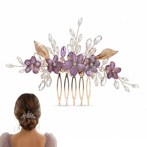 Peine floral para cabello de mujer púrpura con cristales miniatura 1