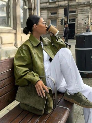 Leather sleeve loose jacket lapel zipper short jacket casual high street jacket3