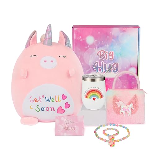 Get Well Soon Gift for Kids, Feel Better Gifts for Kid, Kids Get Well Baskets, Care Package for Girls with Get Well Soon Unicorn Plush Pillow, Get Well Gifts Set for Girls after Surgery
