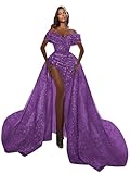 Off Shoulder Sequin Prom Dresses with Detachable Train Long Ball Gown for Women Formal Evening Party Gowns with Slit Purple Size 0