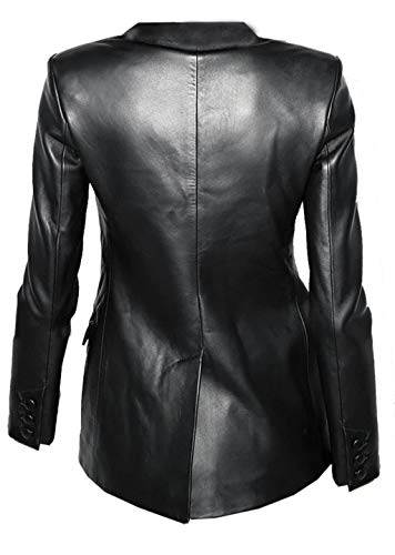 Classical Women's Double Breasted Blazer Two-Button Coat Genuine Leather Jacket Black Small Medium Extra Plus Size2